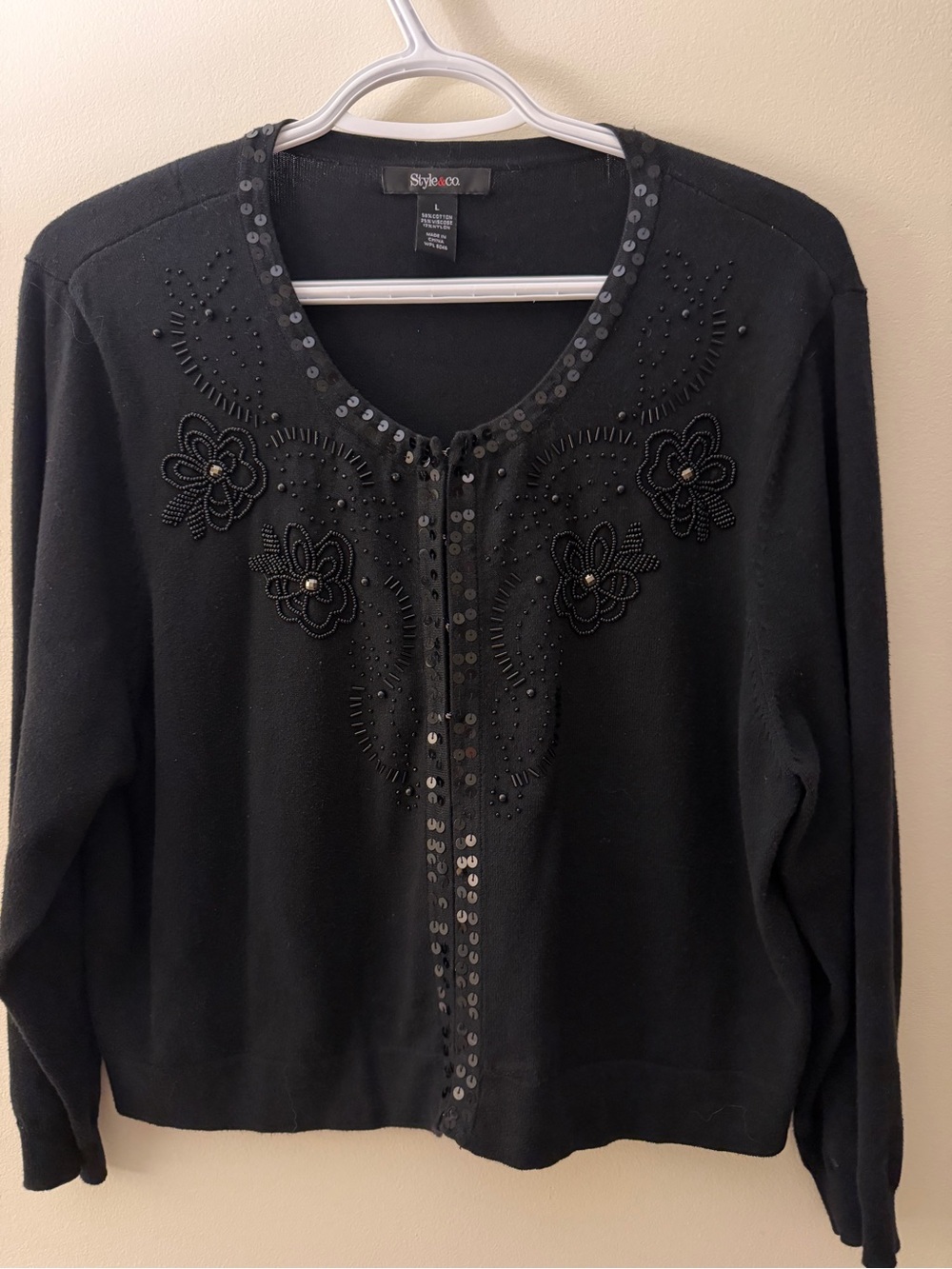 Style & Co. Black Embellished Floral Cardigan